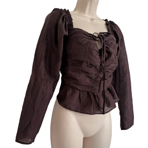 Wayf Cropped Brown Blouse Rushed Lined bodice Size Medium Long Sleeve NWT - Picture 10 of 11